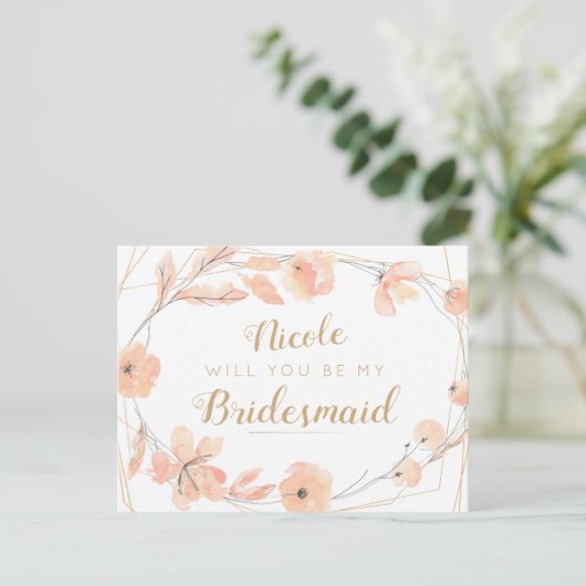 Wil je mijn bruidsmeisje Blush Blooms Waterverf zi Uitnodiging Briefkaart (Staand voorkant)