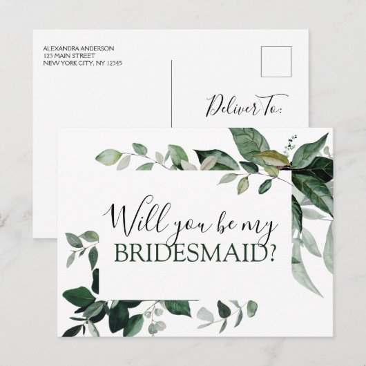 Wil je mijn bruidsmeisje botanische groen Annou Aankondigingskaart (Voorkant / Achterkant)