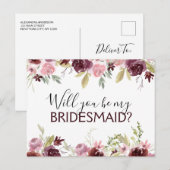 Wil je mijn bruidsmeisje Bourgondië Roze Bloemen Aankondigingskaart (Voorkant / Achterkant)