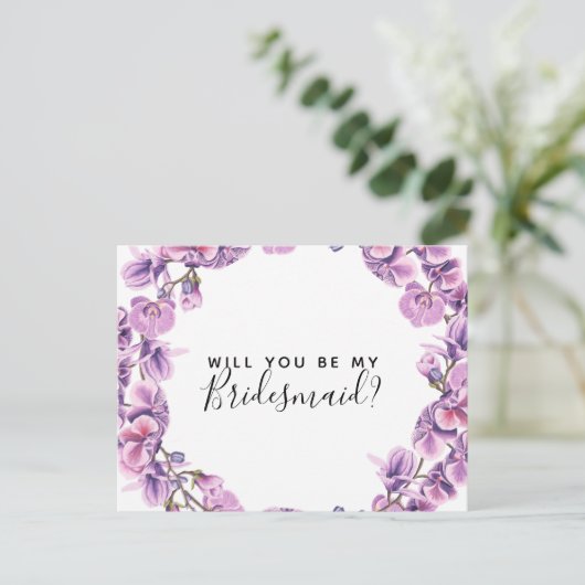 Wil je mijn bruidsmeisje briefkaart ultraviolet zi (Staand voorkant)