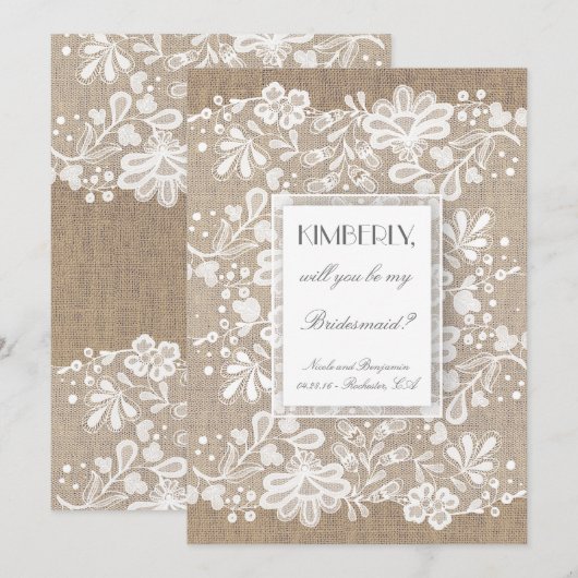 Wil je mijn bruidsmeisje Burlap and Lace Wedding z Kaart (Voorkant / Achterkant)