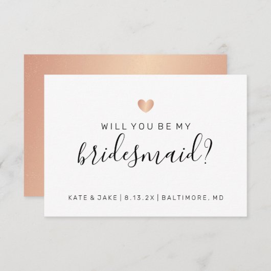 Wil je mijn bruidsmeisje Confetti Roos Gold Heart Kaart (Voorkant / Achterkant)