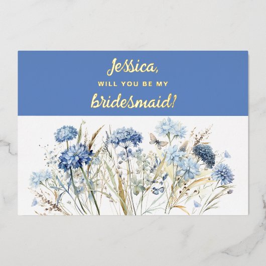 Wil je mijn bruidsmeisje Dusty Blue Wildflower zij Folie Uitnodiging (Voorkant)