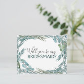 Wil je mijn bruidsmeisje Eucalyptus Green zijn? Aankondigingskaart (Staand voorkant)