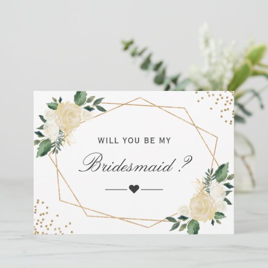 Wil je mijn bruidsmeisje groen gouden bloemen kaart (Staand voorkant)