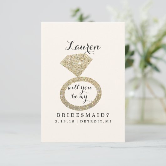 Wil je mijn bruidsmeisje Kaart - Glit Ring Bling W (Staand voorkant)