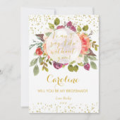 Wil je mijn bruidsmeisje kaart paarse gouden bloem (Voorkant)