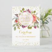 Wil je mijn bruidsmeisje kaart paarse gouden bloem (Staand voorkant)