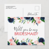 Wil je mijn bruidsmeisje marine blauw roze bloem aankondigingskaart (Voorkant / Achterkant)