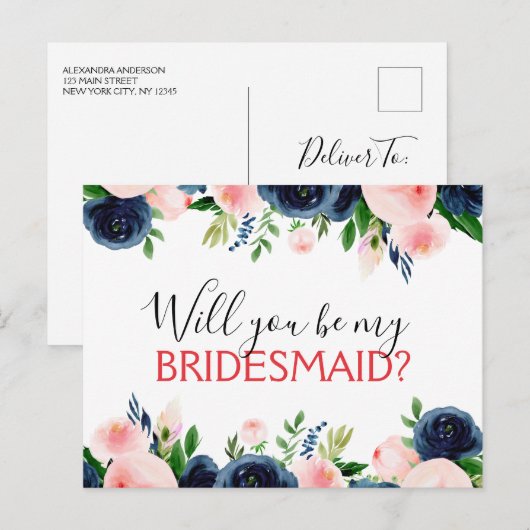 Wil je mijn bruidsmeisje marine blauw roze bloem aankondigingskaart (Voorkant / Achterkant)