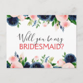 Wil je mijn bruidsmeisje marine blauw roze bloem aankondigingskaart (Voorkant)