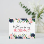 Wil je mijn bruidsmeisje marine blauw roze bloem aankondigingskaart (Staand voorkant)