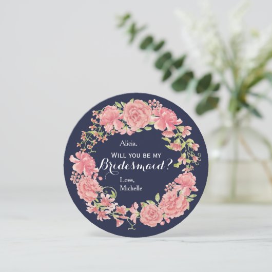 Wil je mijn bruidsmeisje marineroze bloemenkrans z kaart (Staand voorkant)