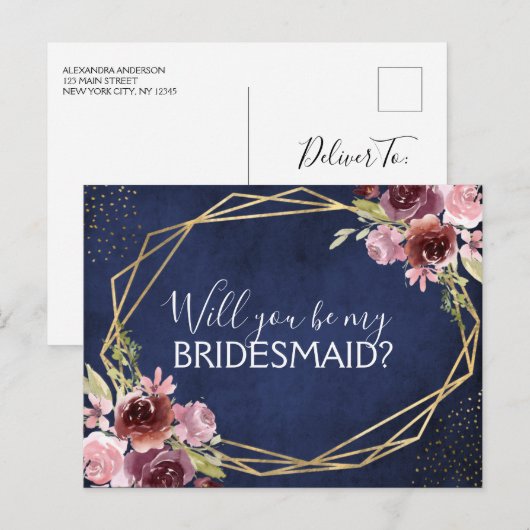 Wil je mijn bruidsmeisje Navy Blue Floral zijn? Aankondigingskaart (Voorkant / Achterkant)