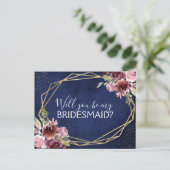 Wil je mijn bruidsmeisje Navy Blue Floral zijn? Aankondigingskaart (Staand voorkant)