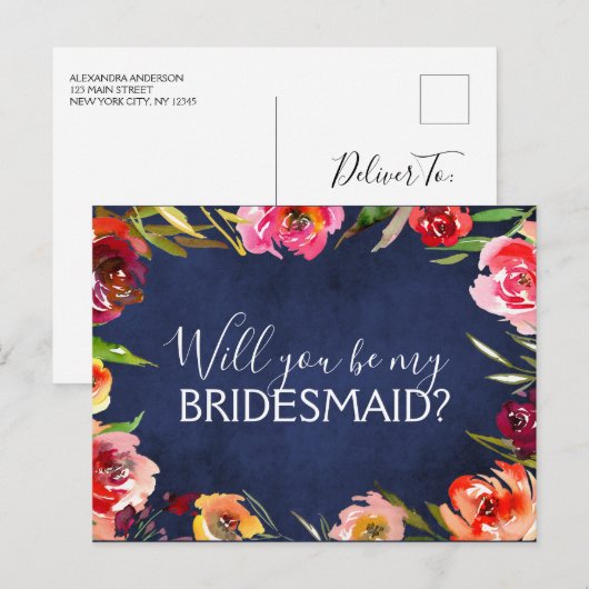 Wil je mijn bruidsmeisje Navy Blue Floral zijn? Aankondigingskaart (Voorkant / Achterkant)