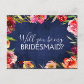 Wil je mijn bruidsmeisje Navy Blue Floral zijn? Aankondigingskaart (Voorkant)