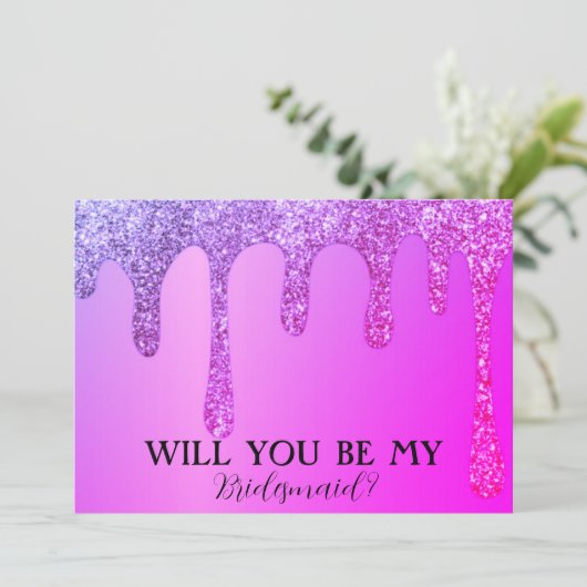 Wil je mijn bruidsmeisje Paarse glitterdruppels zi Save The Date (Staand voorkant)
