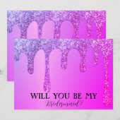 Wil je mijn bruidsmeisje Paarse glitterdruppels zi Save The Date (Voorkant / Achterkant)