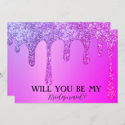Wil je mijn bruidsmeisje Paarse glitterdruppels zi Save The Date (Voorkant / Achterkant)