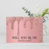 Wil je mijn bruidsmeisje Roos roze glitter druppel Save The Date (Staand voorkant)