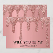 Wil je mijn bruidsmeisje Roos roze glitter druppel Save The Date (Voorkant / Achterkant)