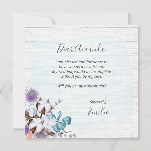 Wil je mijn bruidsmeisje rustieke houten bloemige  kaart (Achterkant)