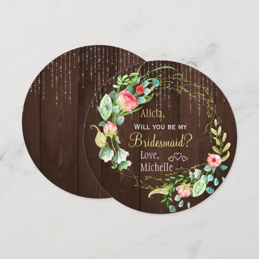 Wil je mijn bruidsmeisje rustieke rozen krans kaart (Voorkant / Achterkant)