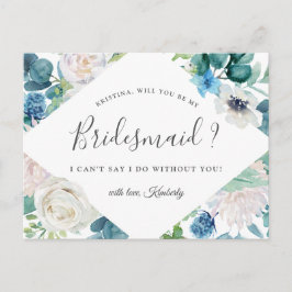 Wil je mijn bruidsmeisje Sage Green Blue Floral zi Uitnodiging Briefkaart