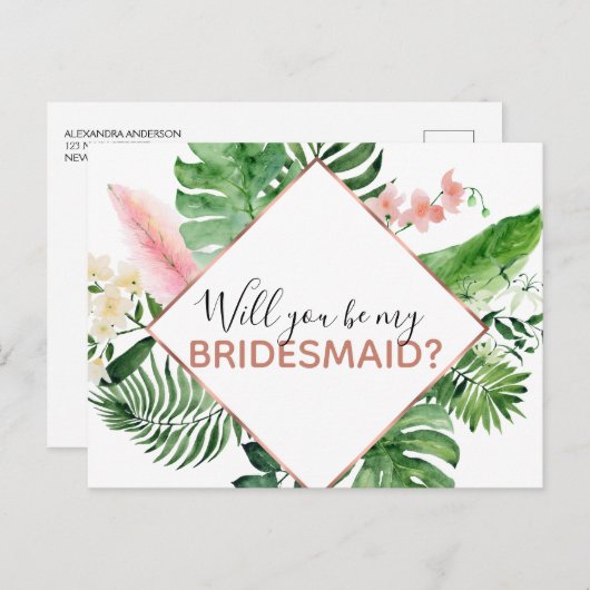 Wil je mijn bruidsmeisje tropische palm Waterverf Aankondigingskaart (Voorkant / Achterkant)