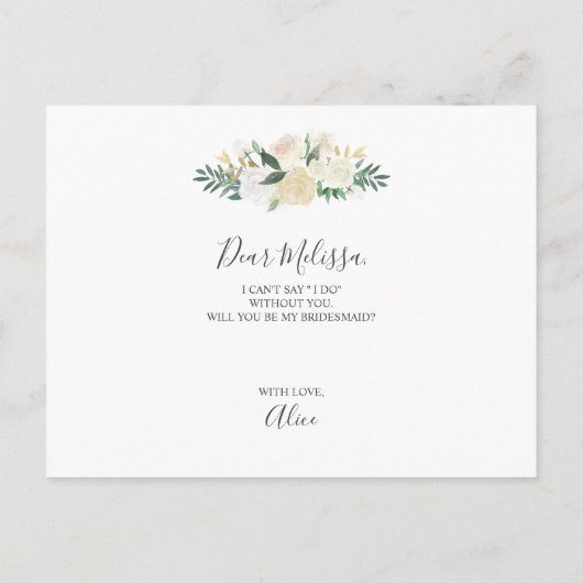 Wil je mijn bruidsmeisje witte bloemen zijn? uitnodiging briefkaart (Achterkant)