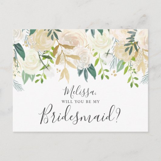 Wil je mijn bruidsmeisje witte bloemen zijn? uitnodiging briefkaart (Voorkant)