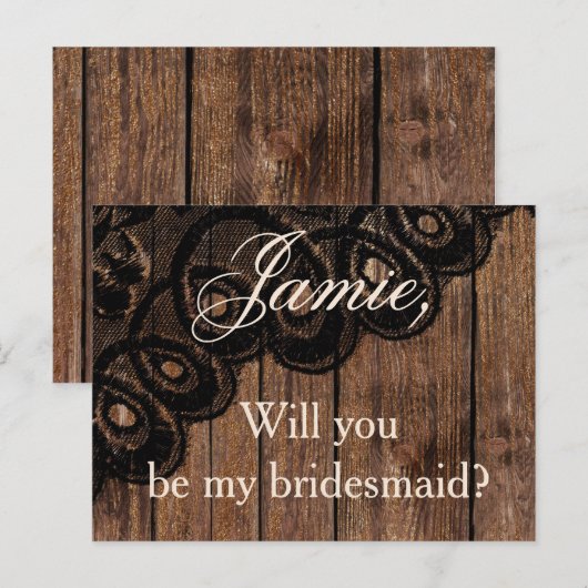 Wil je mijn bruidsmeisje Wood en Faux Lace zijn? Uitnodiging Briefkaart (Voorkant / Achterkant)