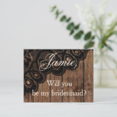 Wil je mijn bruidsmeisje Wood en Faux Lace zijn? Uitnodiging Briefkaart (Staand voorkant)