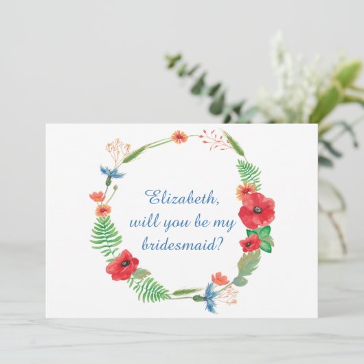 "Wil je mijn bruidsmeisje zijn" bloemen uitnodigin Kaart (Staand voorkant)