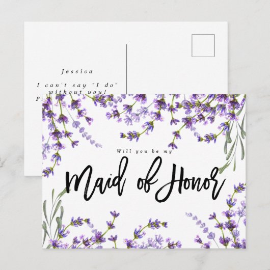 Wil je mijn bruidsmeisje zijn Boho Lavender Floral Aankondigingskaart (Voorkant / Achterkant)