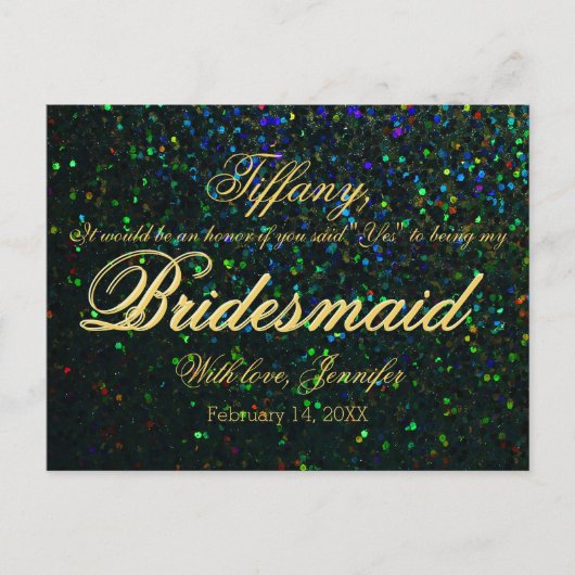 Wil je mijn bruidsmeisje zijn? Glitterlook Uitnodiging Briefkaart (Voorkant)