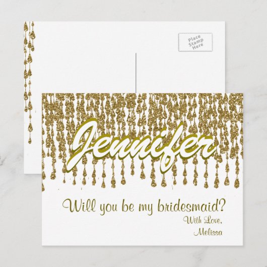 Wil je mijn bruidsmeisje zijn | Gold Glitter Look Uitnodiging Briefkaart (Voorkant / Achterkant)