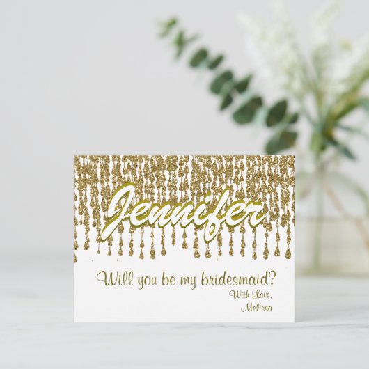 Wil je mijn bruidsmeisje zijn | Gold Glitter Look Uitnodiging Briefkaart (Staand voorkant)