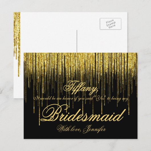 Wil je mijn bruidsmeisje zijn? Golden Confetti Gli Uitnodiging Briefkaart (Voorkant / Achterkant)