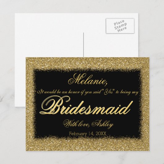 Wil je mijn bruidsmeisje zijn? Golden Glitter Bord Uitnodiging Briefkaart (Voorkant / Achterkant)