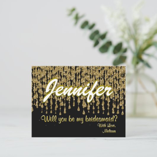 Wil je mijn bruidsmeisje zijn | Gouden Sparkle Loo Uitnodiging Briefkaart (Staand voorkant)