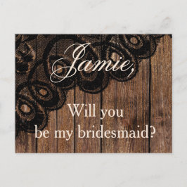 Wil je mijn bruidsmeisje zijn Hout en Nep Kant Uitnodiging Briefkaart