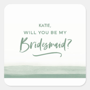 Wil je mijn bruidsmeisje zijn kaart groene waterve vierkante sticker