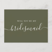 Wil je mijn bruidsmeisje zijn. Olijfgroen script Uitnodiging Briefkaart (Voorkant)