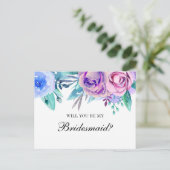Wil je mijn bruidsmeisje zijn. Paarse en blauwe br Uitnodiging Briefkaart (Staand voorkant)