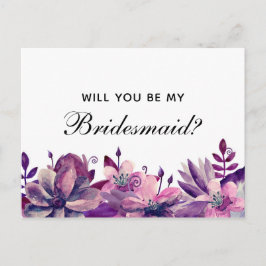 Wil je mijn bruidsmeisje zijn. Paarse en roze bloe Uitnodiging Briefkaart
