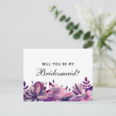 Wil je mijn bruidsmeisje zijn. Paarse en roze bloe Uitnodiging Briefkaart (Staand voorkant)
