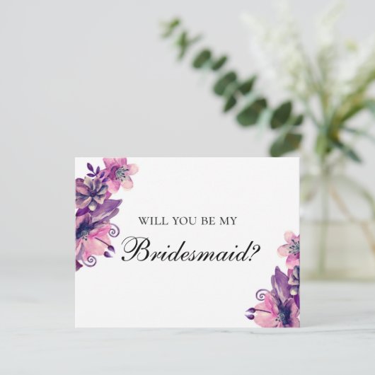 Wil je mijn bruidsmeisje zijn. Paarse en roze brui Uitnodiging Briefkaart (Staand voorkant)