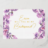 Wil je mijn bruidsmeisje zijn? paarse orchidee folie uitnodiging (Voorkant)